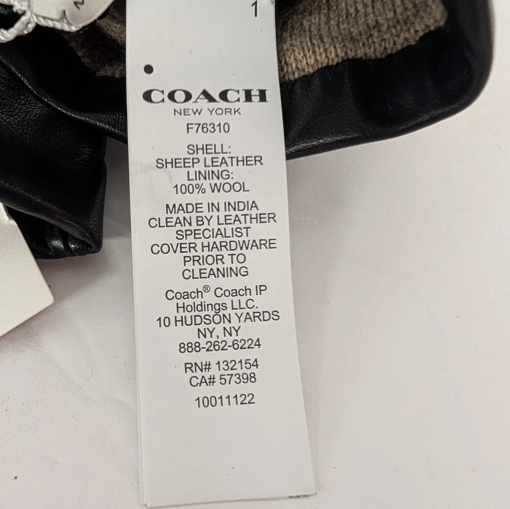 Coach Black Leather Button-Accent Gloves with Gold-Tone Logo NWT